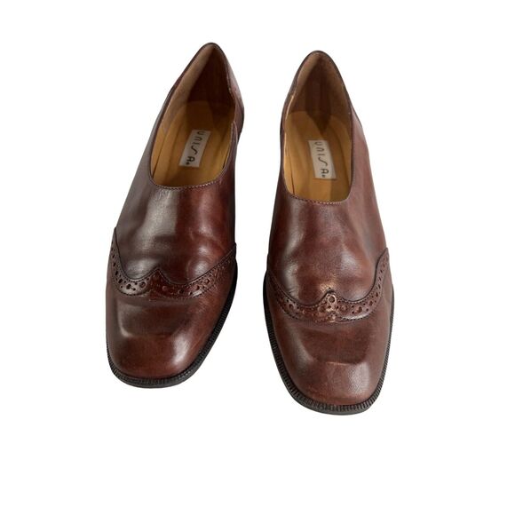Vintage Unisa Brown Leather Brogue Slip-On Heels Classic Classy Capsule 80s 90s - Picture 3 of 11